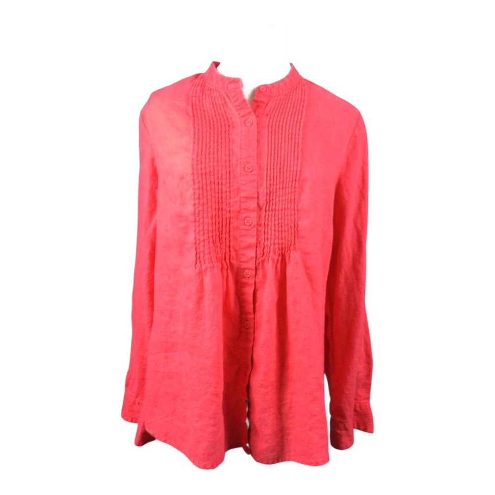 Grace Elements Linen Tunic Button-Front Pintuck Blouse Large Roll Tab Sleeve